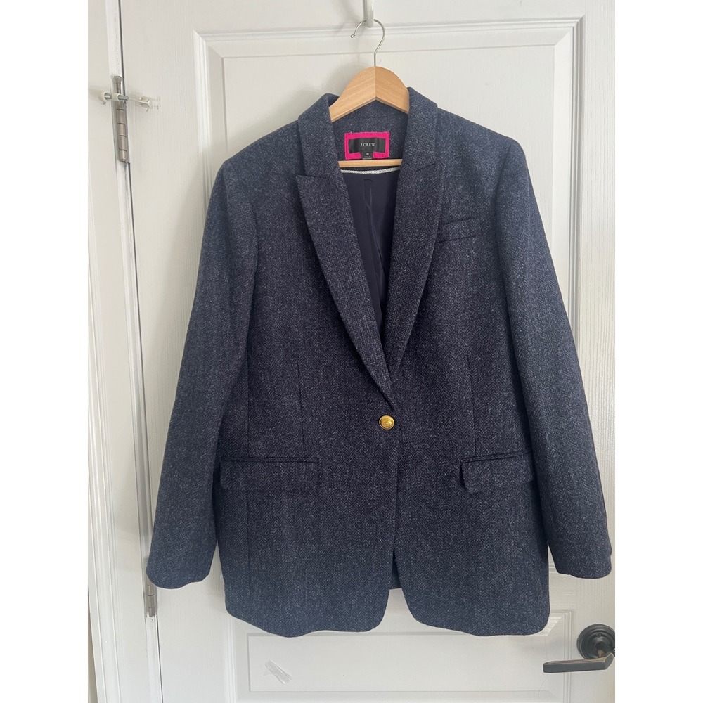 J.Crew Blazer Women Blue Herringbone British Moon Wool Gold Button Old Money 18